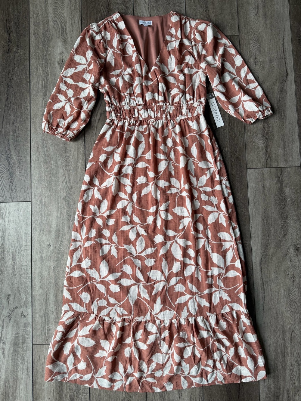 Luxology- Bohemian- Rust and White Leaf-Print V-Neck Ruffled Midi Dress
